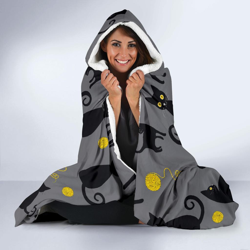 Black Cat Knit Pattern Print Hooded Blanket-grizzshop