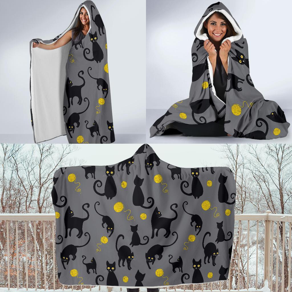 Black Cat Knit Pattern Print Hooded Blanket-grizzshop