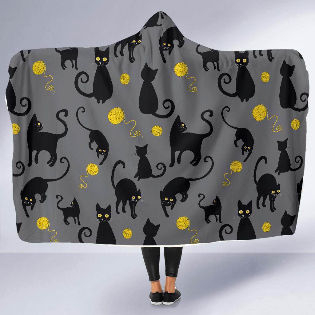 Black Cat Knit Pattern Print Hooded Blanket-grizzshop