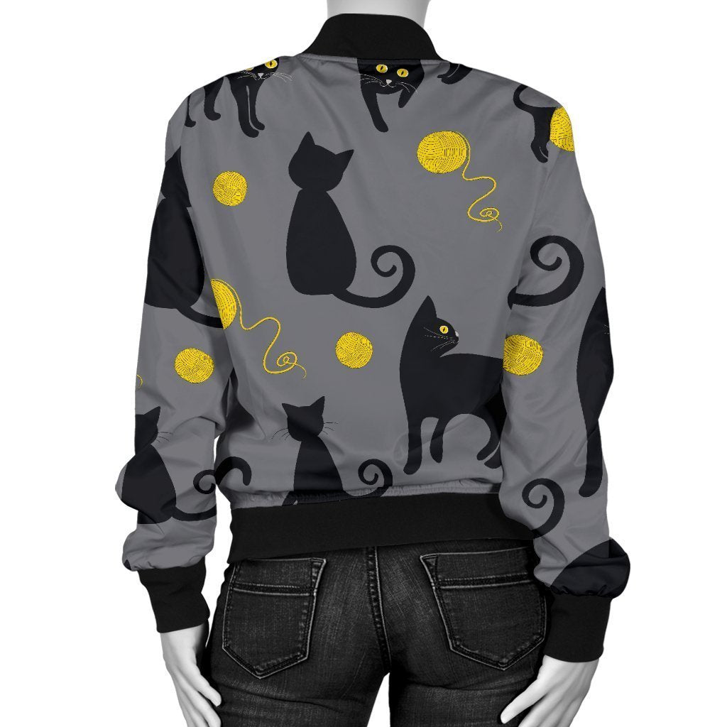 Black Cat Knit Pattern Print Women Casual Bomber Jacket-grizzshop