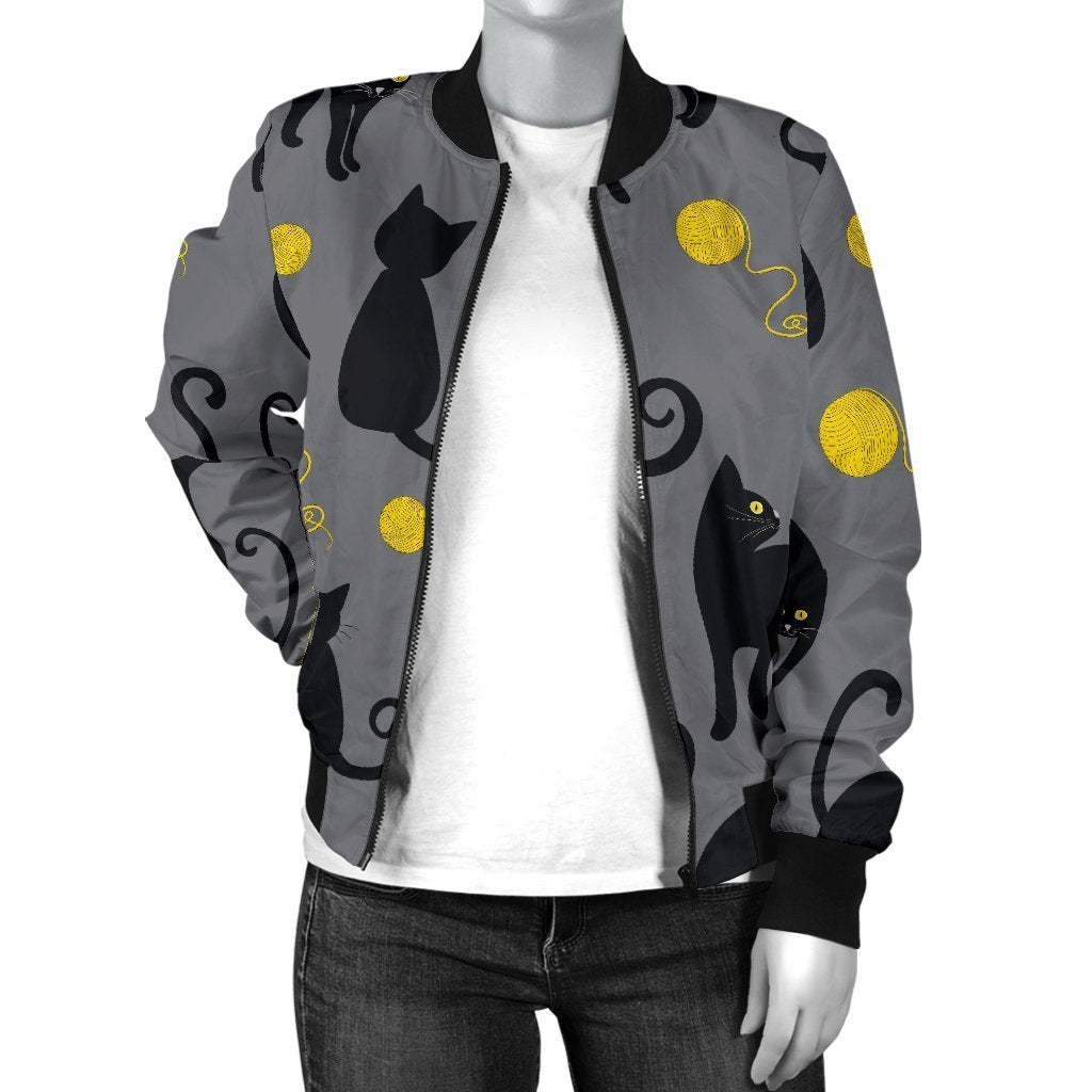 Black Cat Knit Pattern Print Women Casual Bomber Jacket-grizzshop