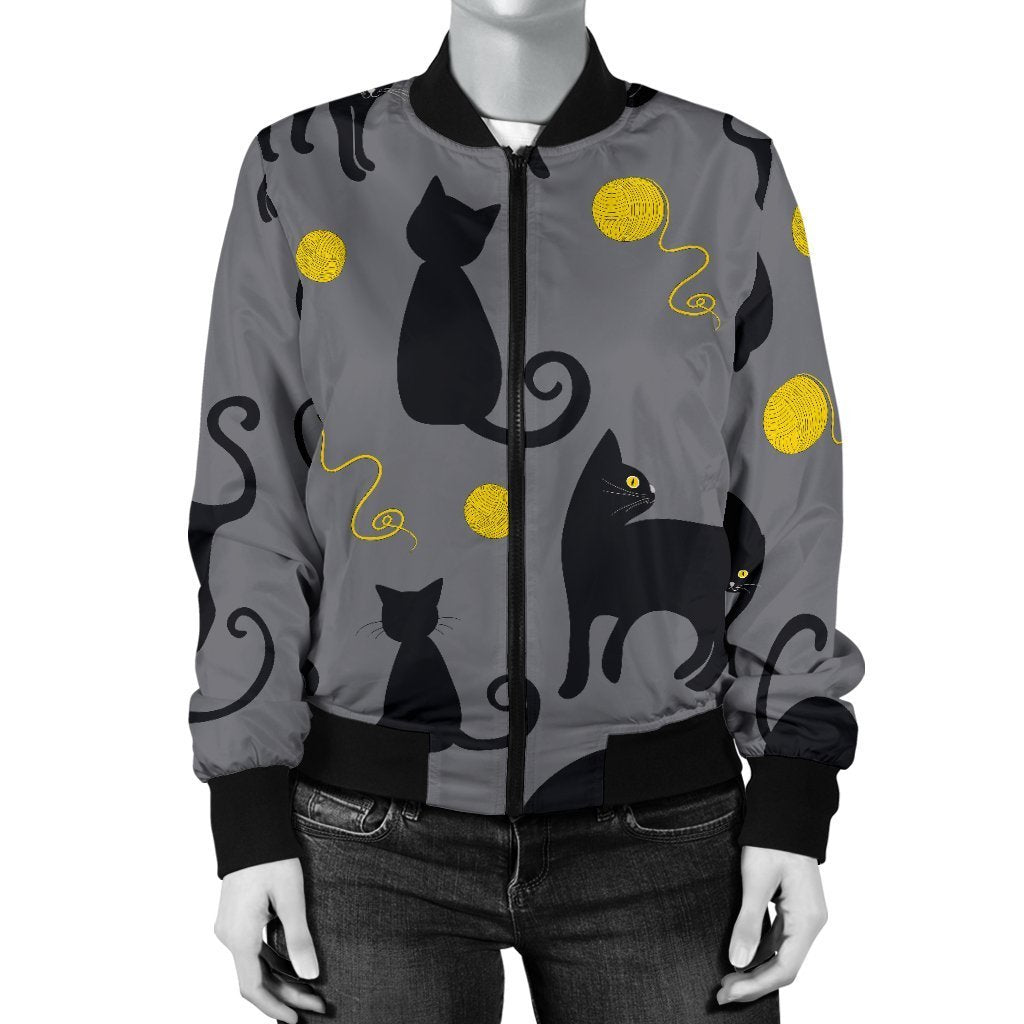 Black Cat Knit Pattern Print Women Casual Bomber Jacket-grizzshop