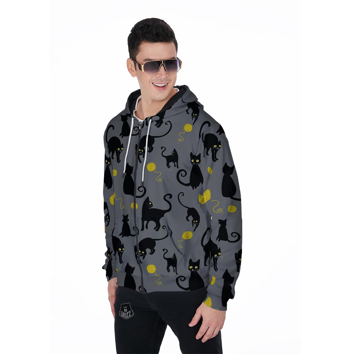 Black Cat Knit Print Men's Zip Up Hoodie-grizzshop