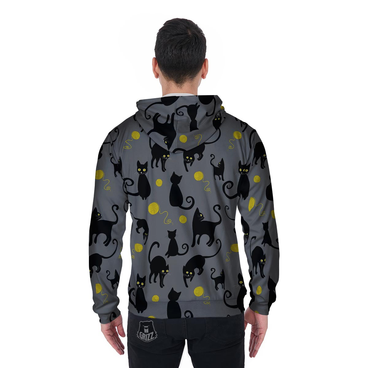 Black Cat Knit Print Men's Zip Up Hoodie-grizzshop