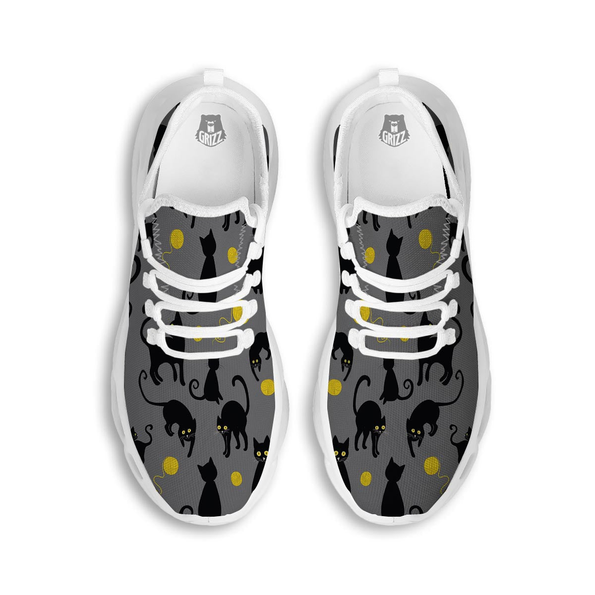 Black Cat Knit Print White Running Shoes-grizzshop