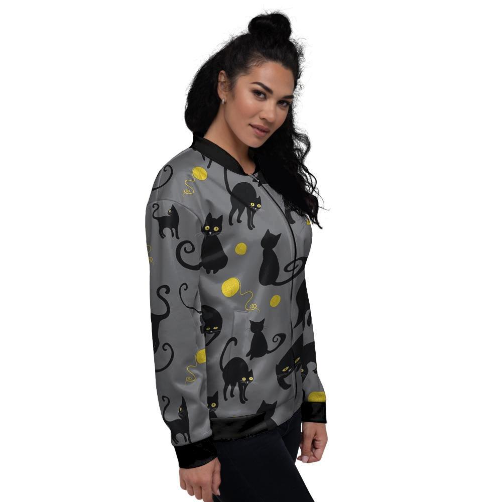 Black Cat Knit Print Women's Bomber Jacket-grizzshop
