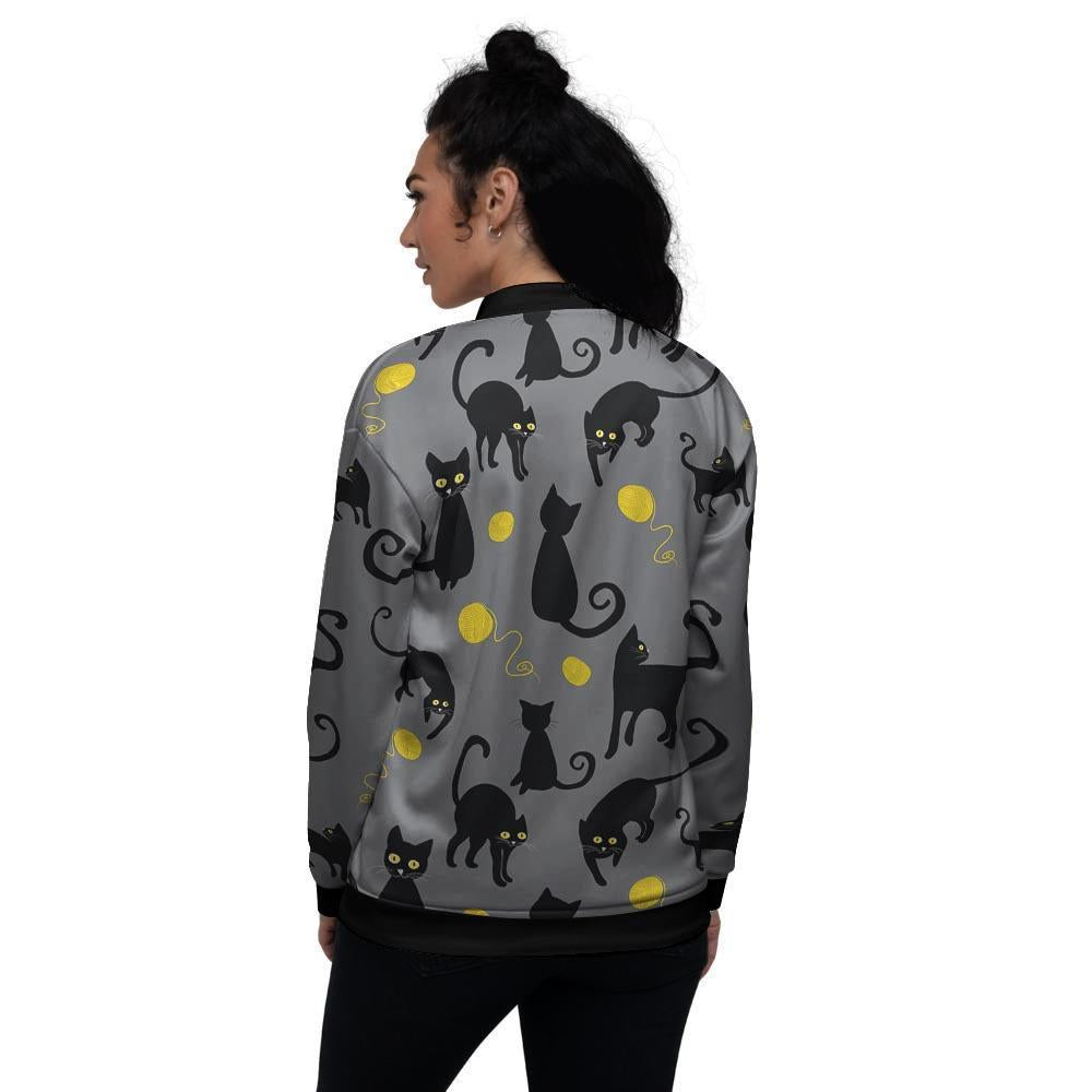 Black Cat Knit Print Women's Bomber Jacket-grizzshop