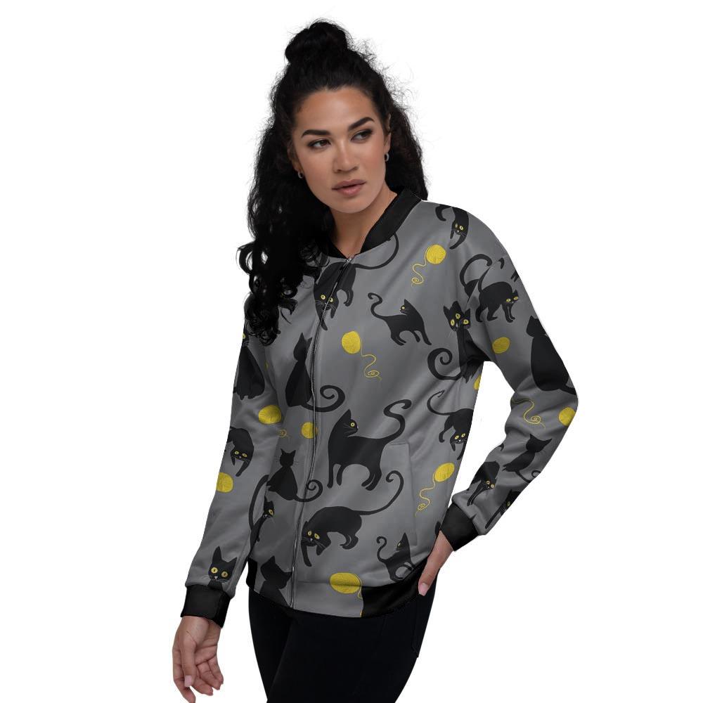 Black Cat Knit Print Women's Bomber Jacket-grizzshop