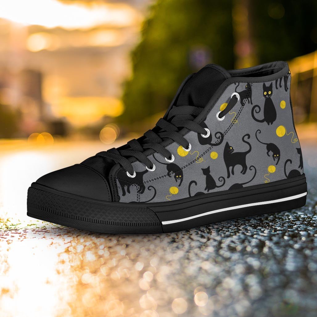 Black Cat Knit Print Women's High Top Shoes-grizzshop