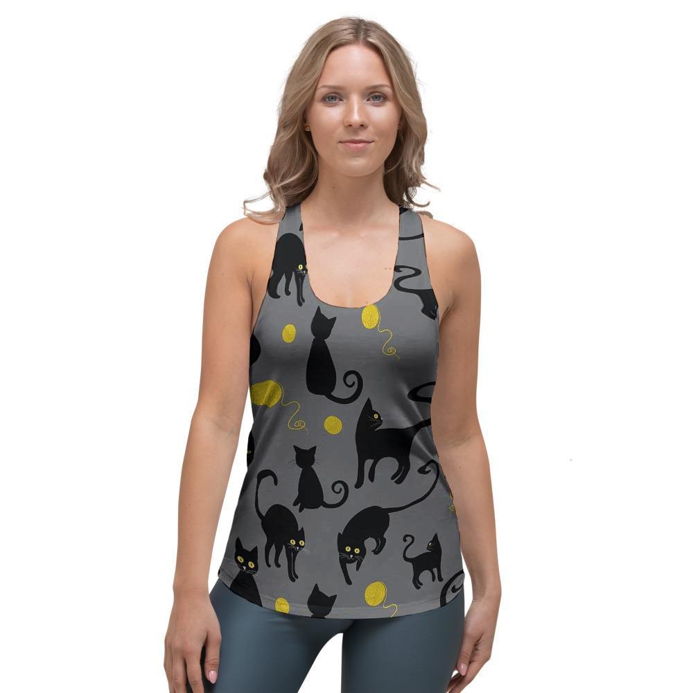 Black Cat Knit Print Women's Racerback Tank Top-grizzshop