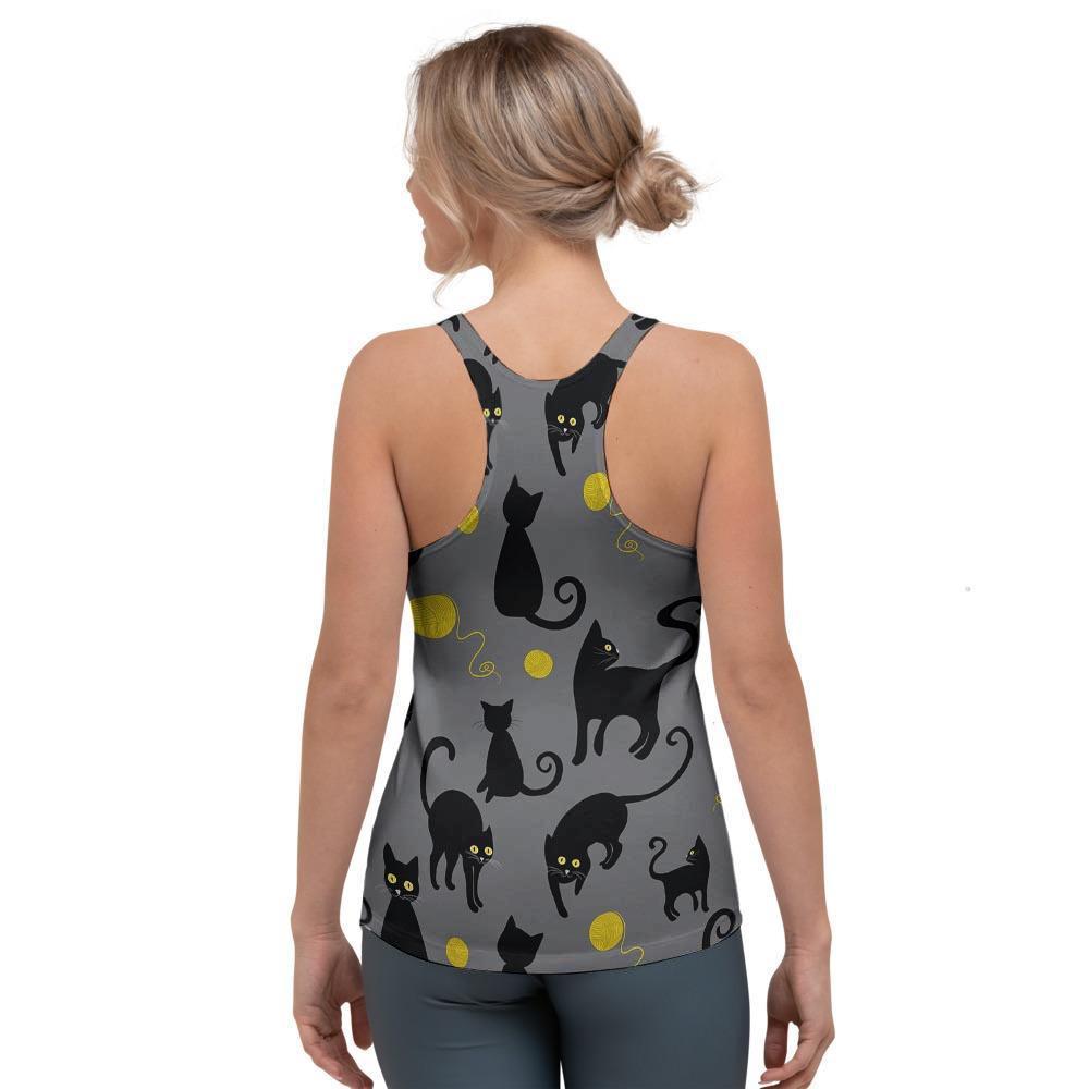 Black Cat Knit Print Women's Racerback Tank Top-grizzshop