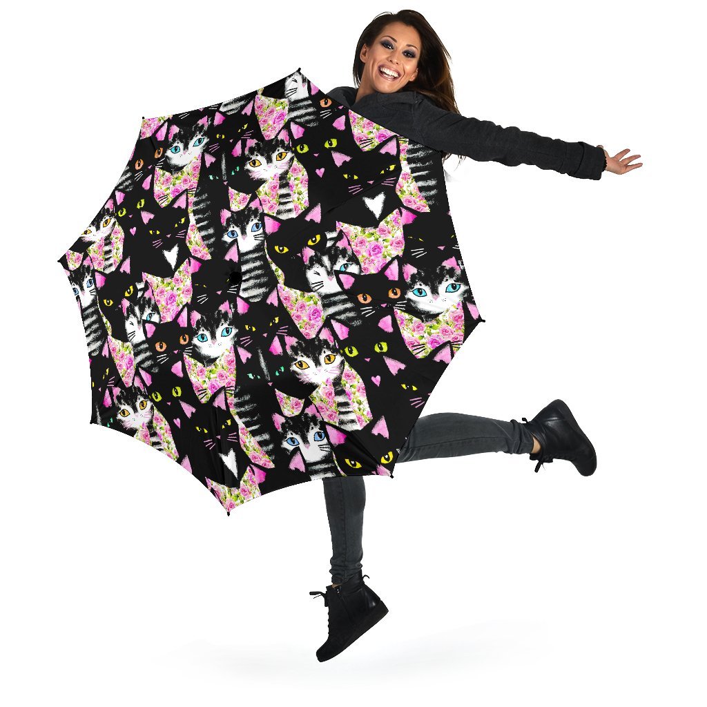 Black Cat Pattern Print Automatic Foldable Umbrella-grizzshop