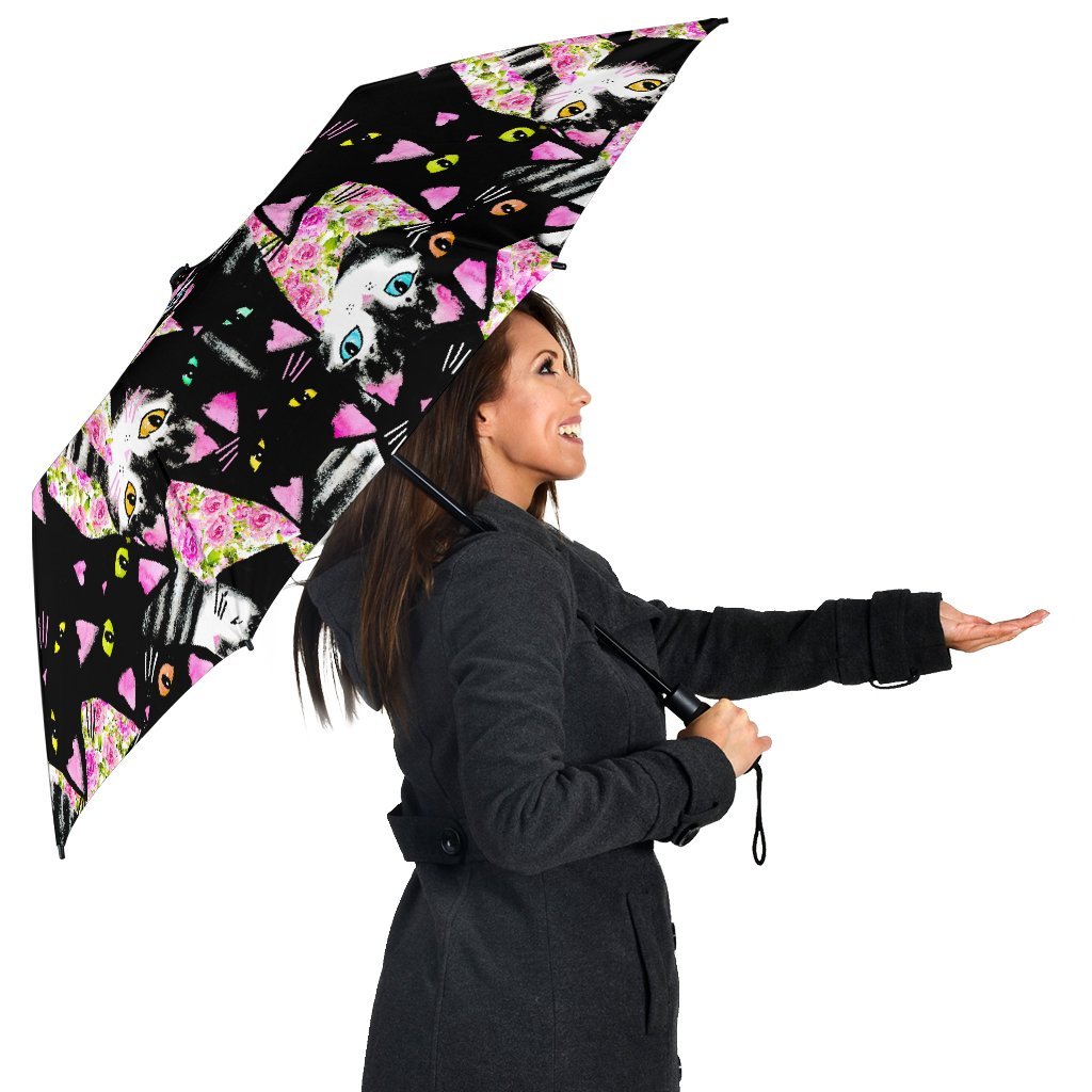 Black Cat Pattern Print Automatic Foldable Umbrella-grizzshop