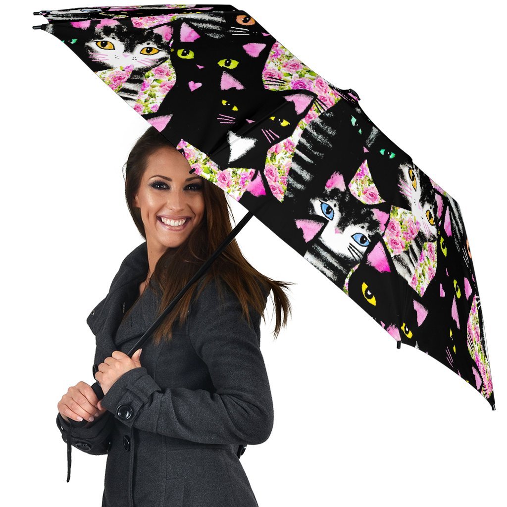 Black Cat Pattern Print Automatic Foldable Umbrella-grizzshop