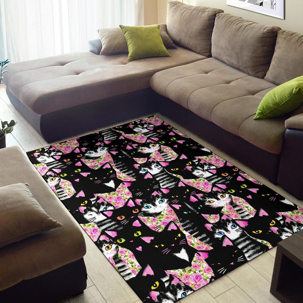 Black Cat Pattern Print Floor Mat-grizzshop