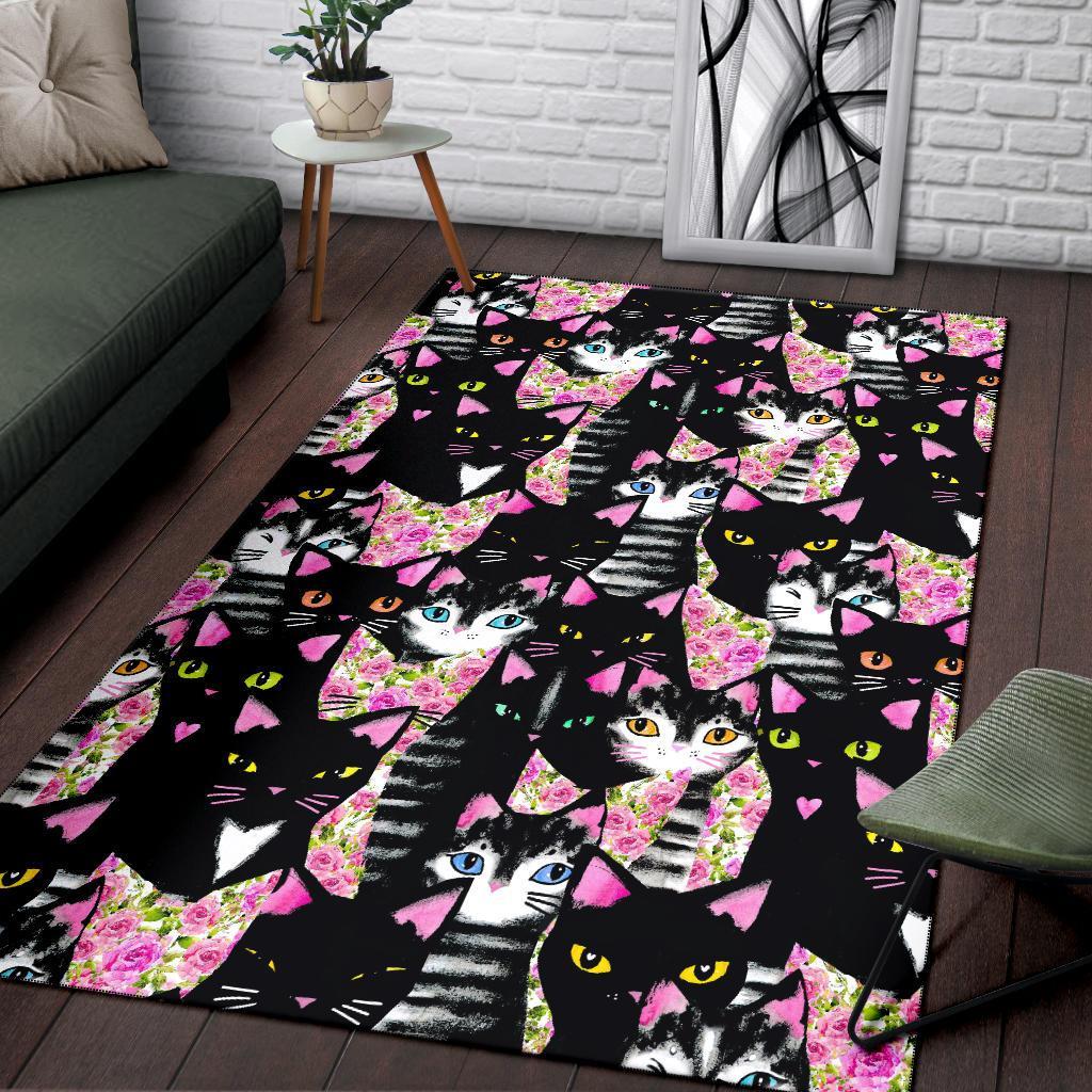 Black Cat Pattern Print Floor Mat-grizzshop