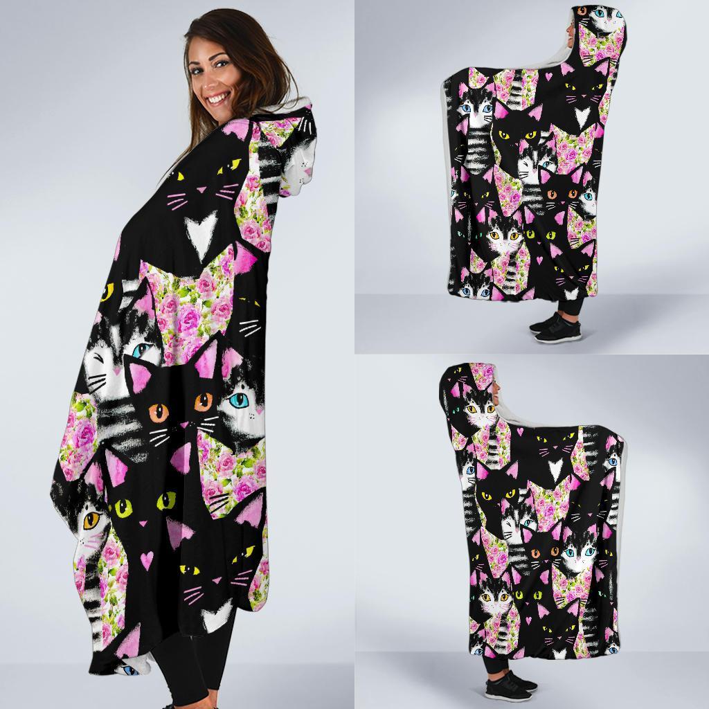 Black Cat Pattern Print Hooded Blanket-grizzshop