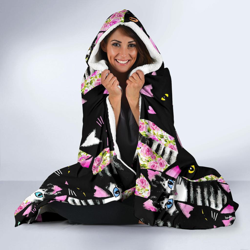 Black Cat Pattern Print Hooded Blanket-grizzshop