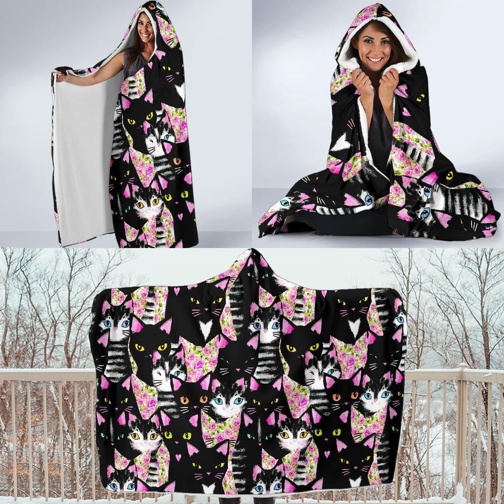Black Cat Pattern Print Hooded Blanket-grizzshop