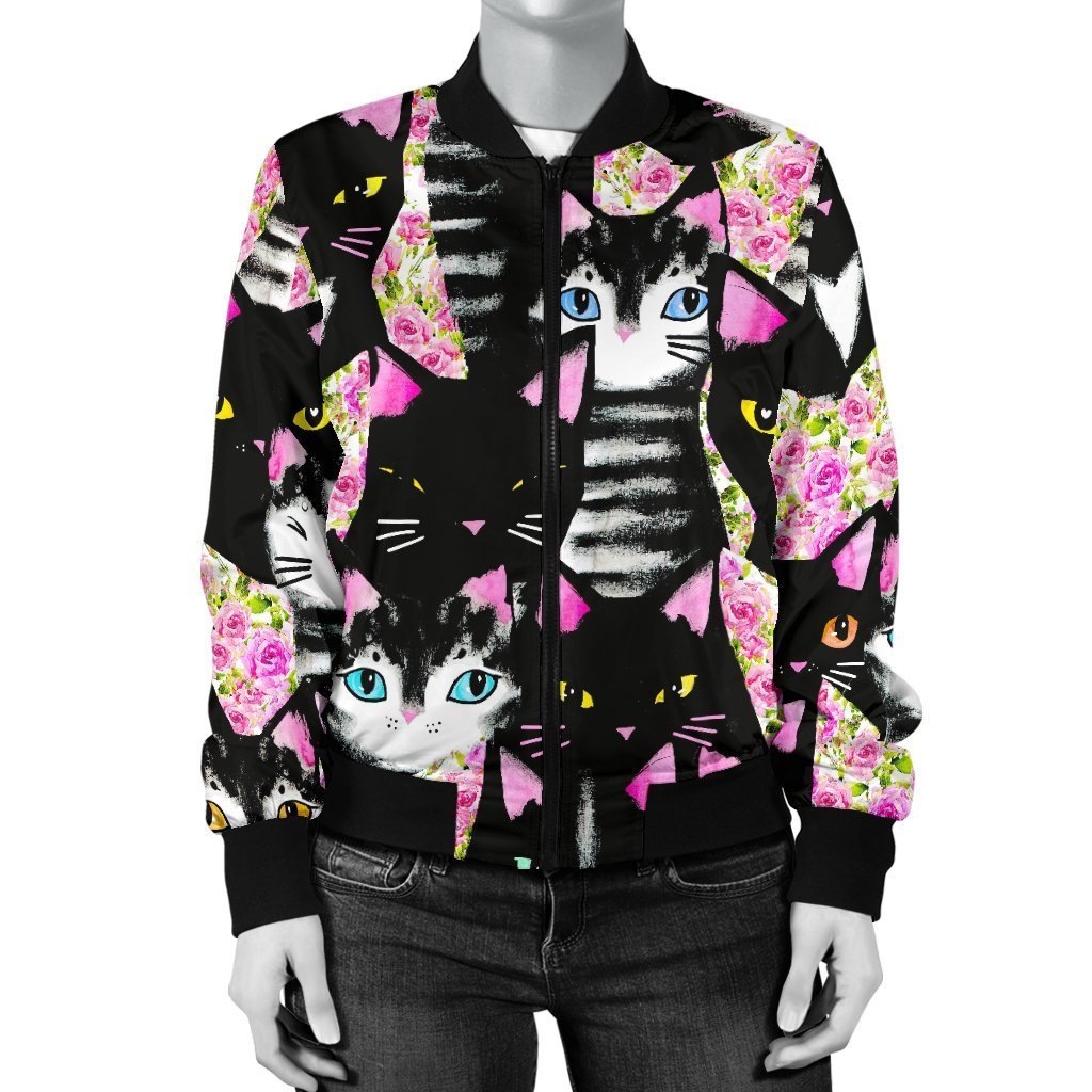 Black Cat Pattern Print Women Casual Bomber Jacket-grizzshop