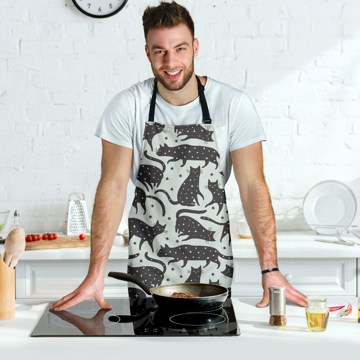 Black Cat Print Pattern Men's Apron-grizzshop