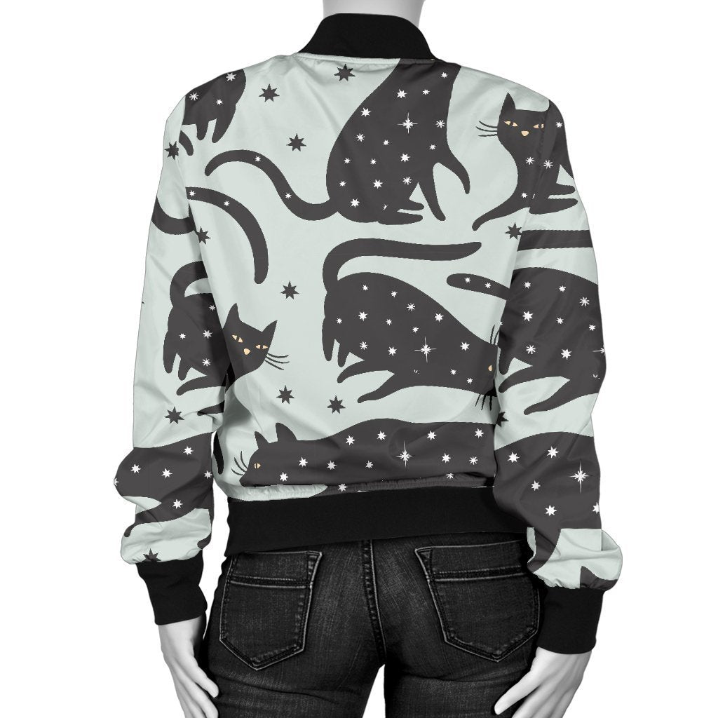 Black Cat Print Pattern Women Casual Bomber Jacket-grizzshop