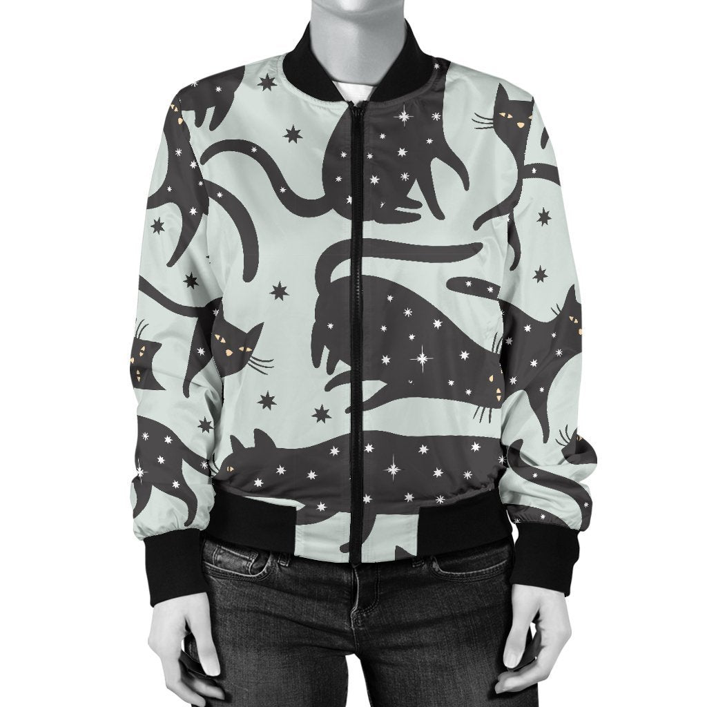 Black Cat Print Pattern Women Casual Bomber Jacket-grizzshop
