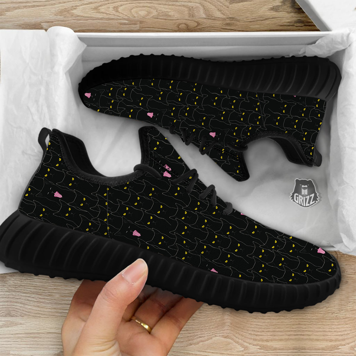 Black Cats Eyes Yellow Print Pattern Black Walking Shoes-grizzshop