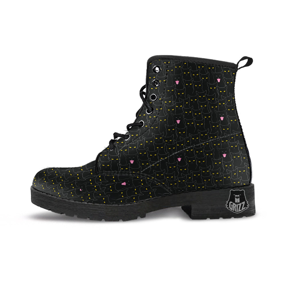 Black Cats Eyes Yellow Print Pattern Leather Boots-grizzshop