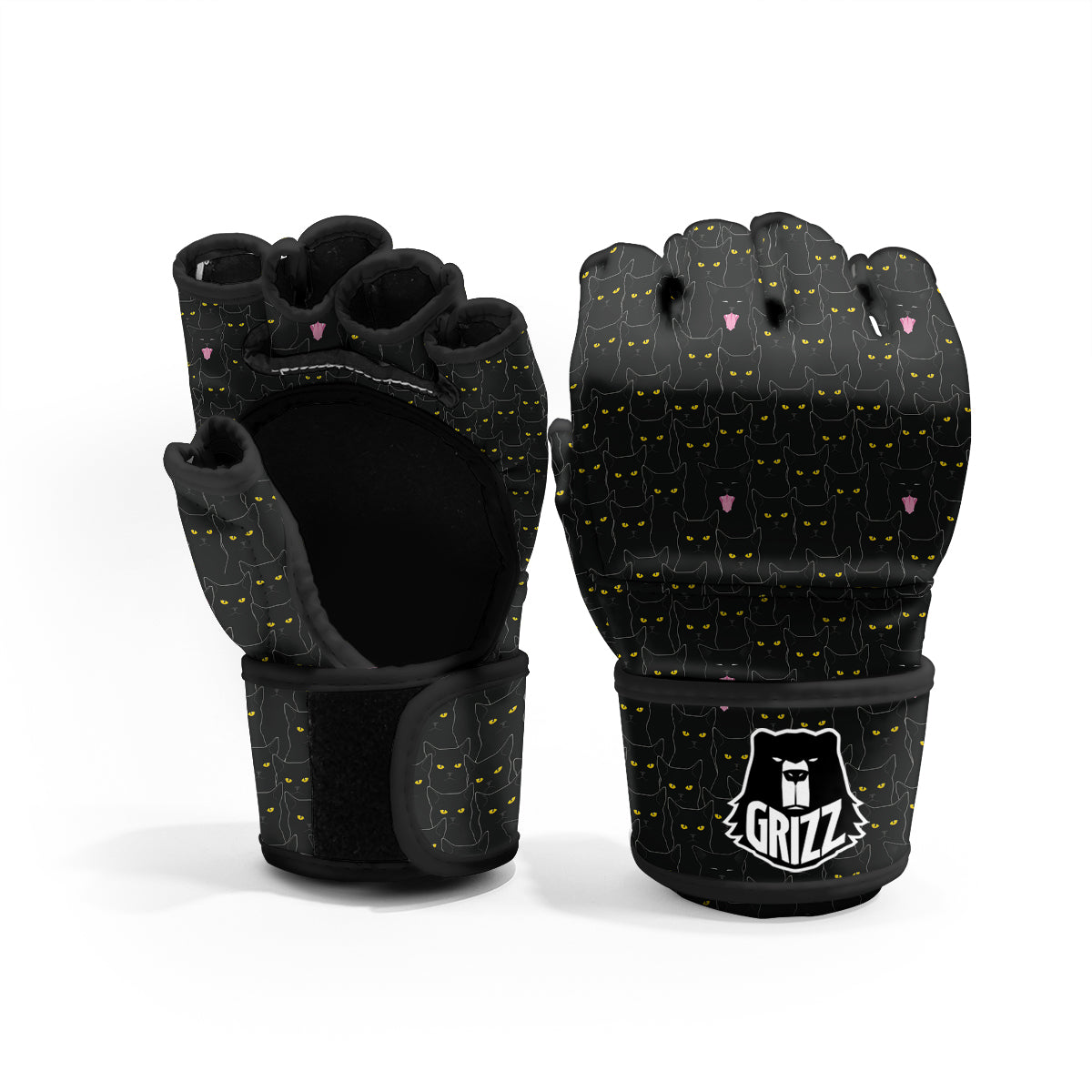 Black Cats Eyes Yellow Print Pattern MMA Gloves-grizzshop