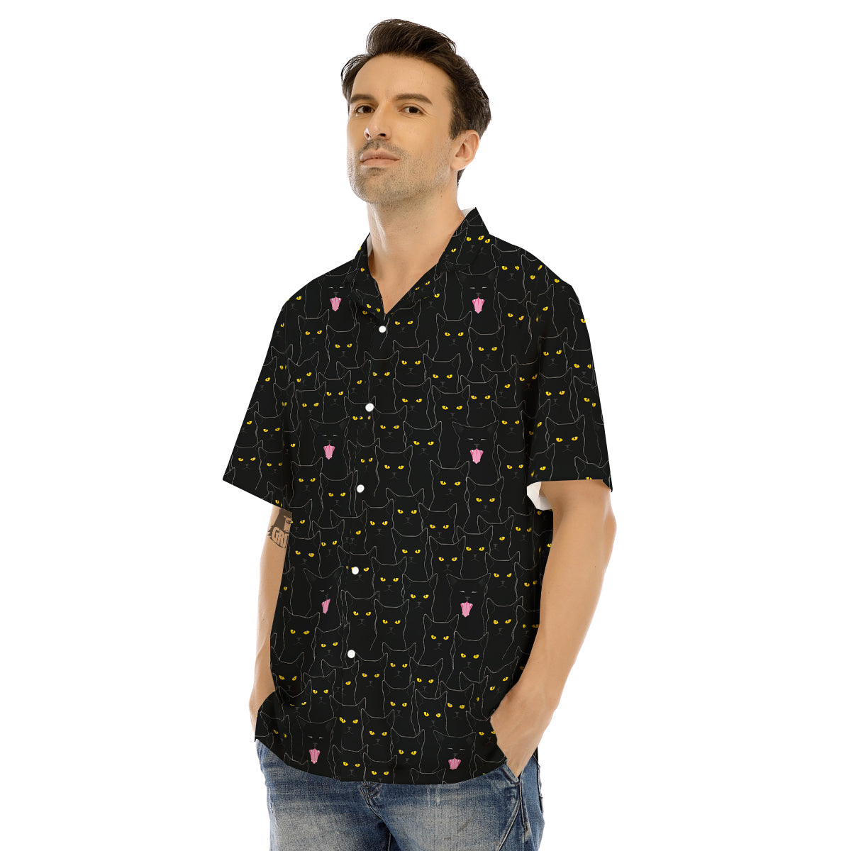Black Cats Eyes Yellow Print Pattern Men's Hawaiian Shirt-grizzshop