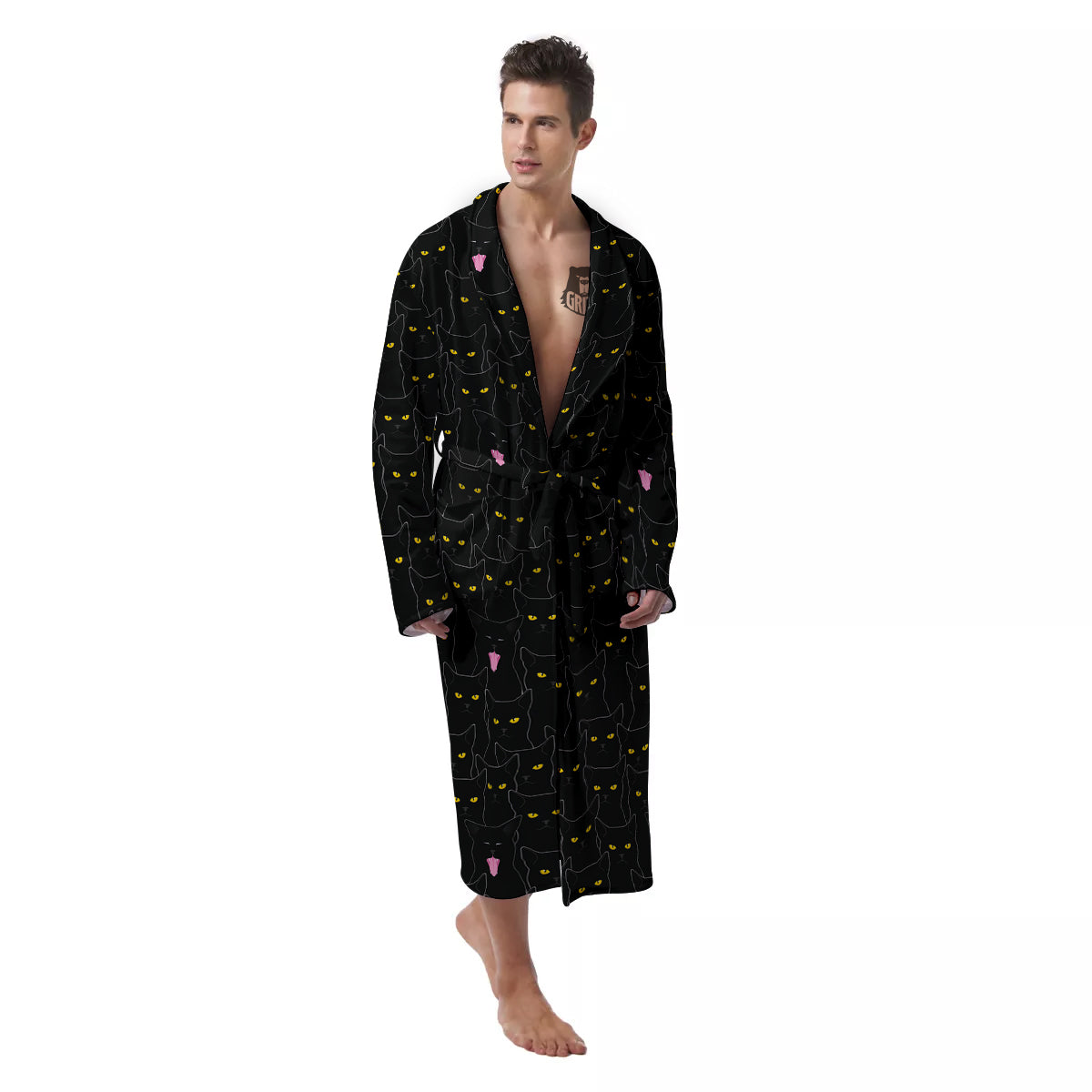 Black Cats Eyes Yellow Print Pattern Men's Robe-grizzshop
