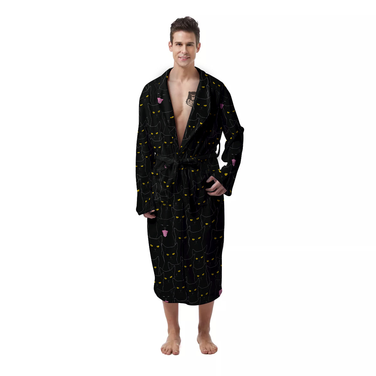 Black Cats Eyes Yellow Print Pattern Men's Robe-grizzshop
