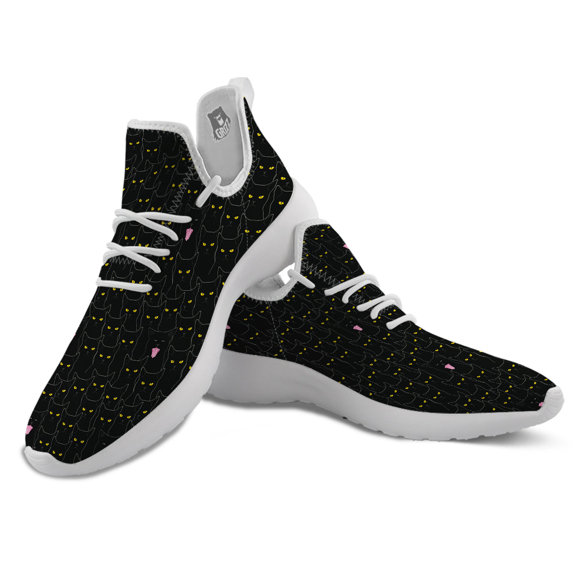 Black Cats Eyes Yellow Print Pattern White Athletic Shoes-grizzshop