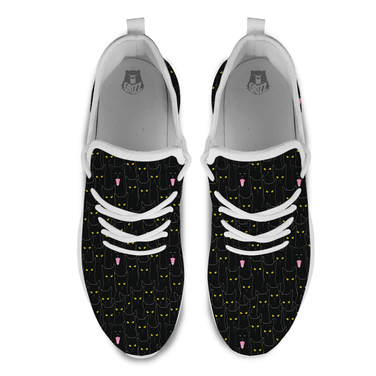 Black Cats Eyes Yellow Print Pattern White Athletic Shoes-grizzshop