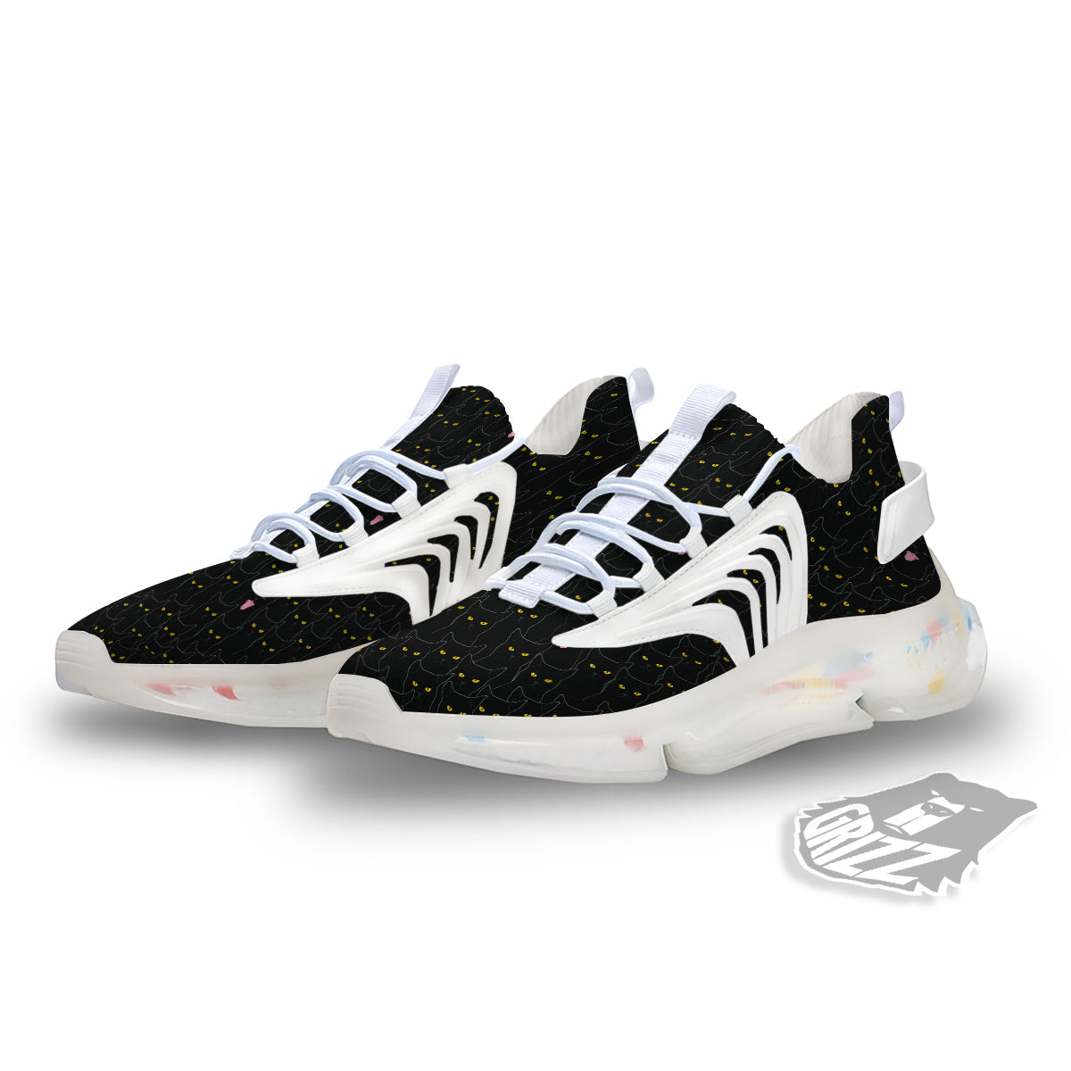Black Cats Eyes Yellow Print Pattern White Gym Shoes-grizzshop
