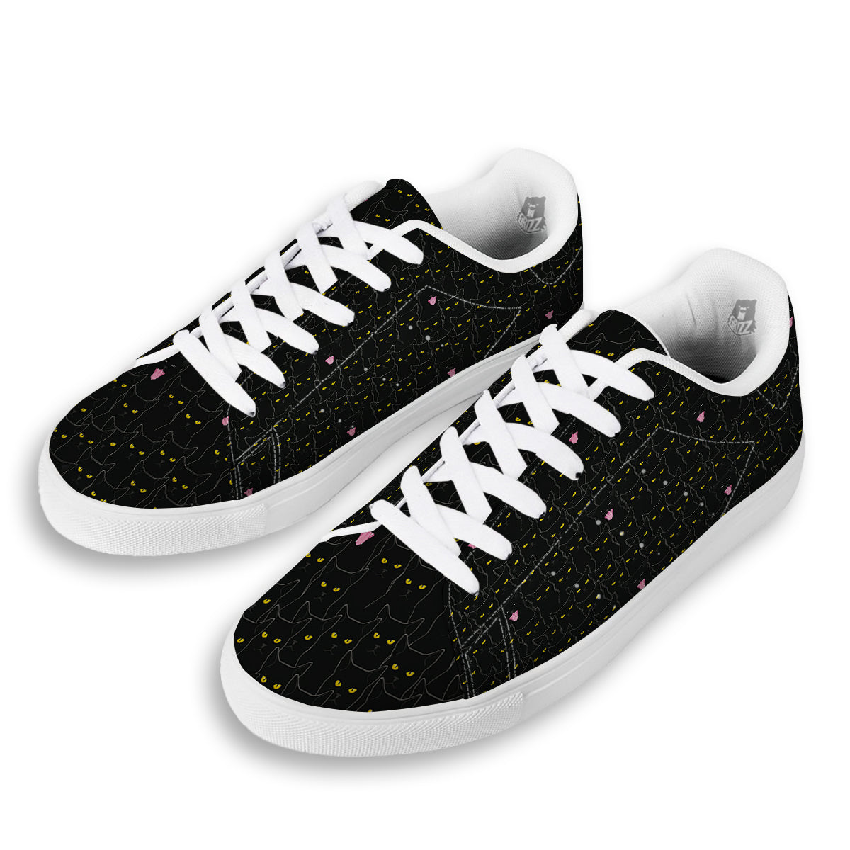 Black Cats Eyes Yellow Print Pattern White Low Top Sneakers-grizzshop
