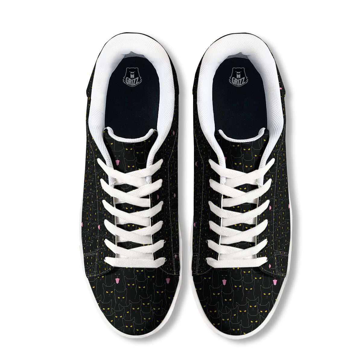 Black Cats Eyes Yellow Print Pattern White Low Top Sneakers-grizzshop