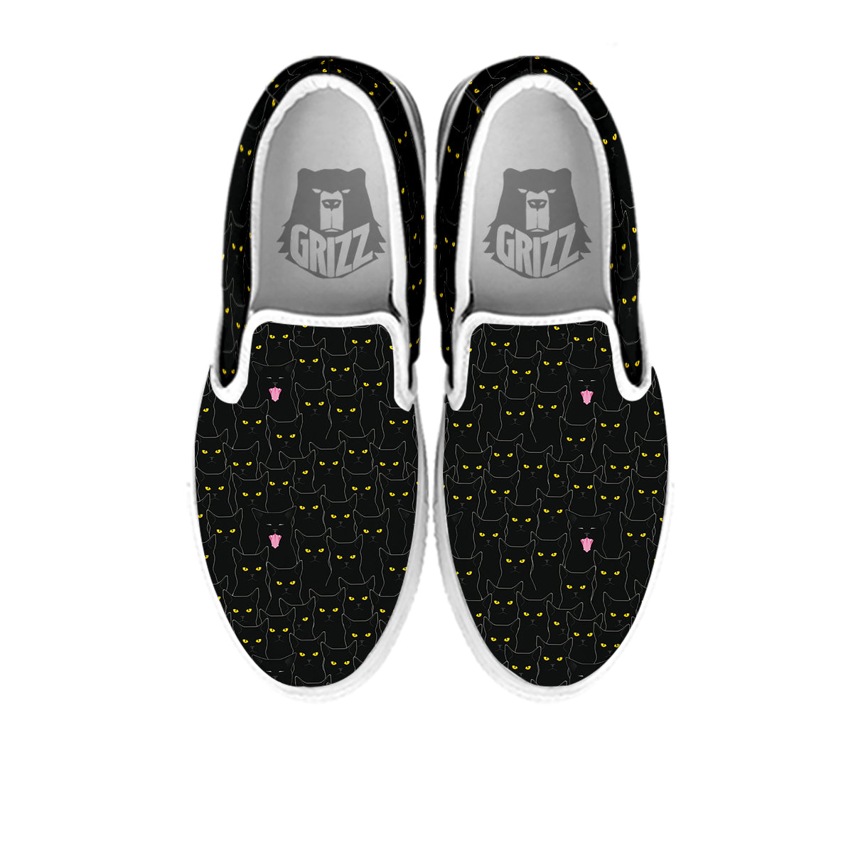 Black Cats Eyes Yellow Print Pattern White Slip On Shoes-grizzshop