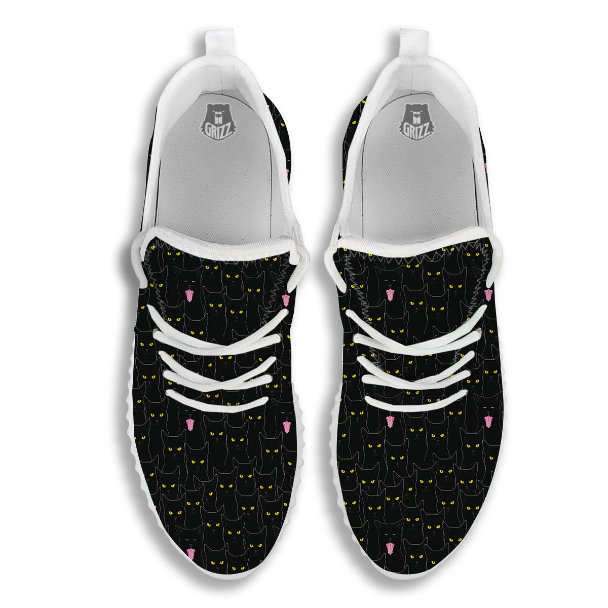 Black Cats Eyes Yellow Print Pattern White Walking Shoes-grizzshop