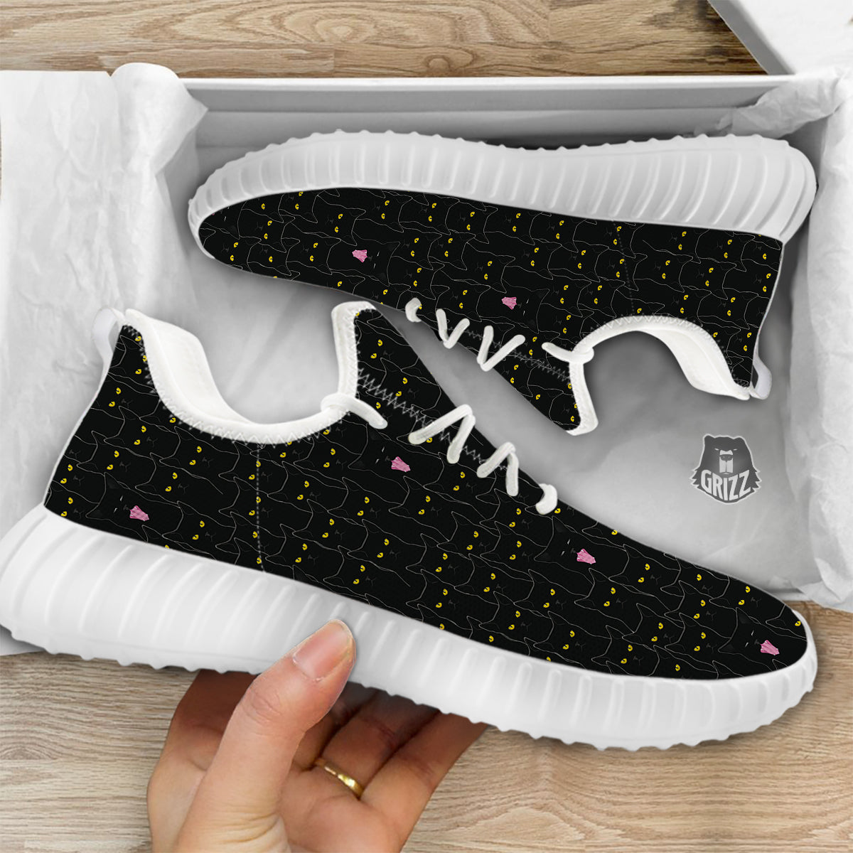 Black Cats Eyes Yellow Print Pattern White Walking Shoes-grizzshop