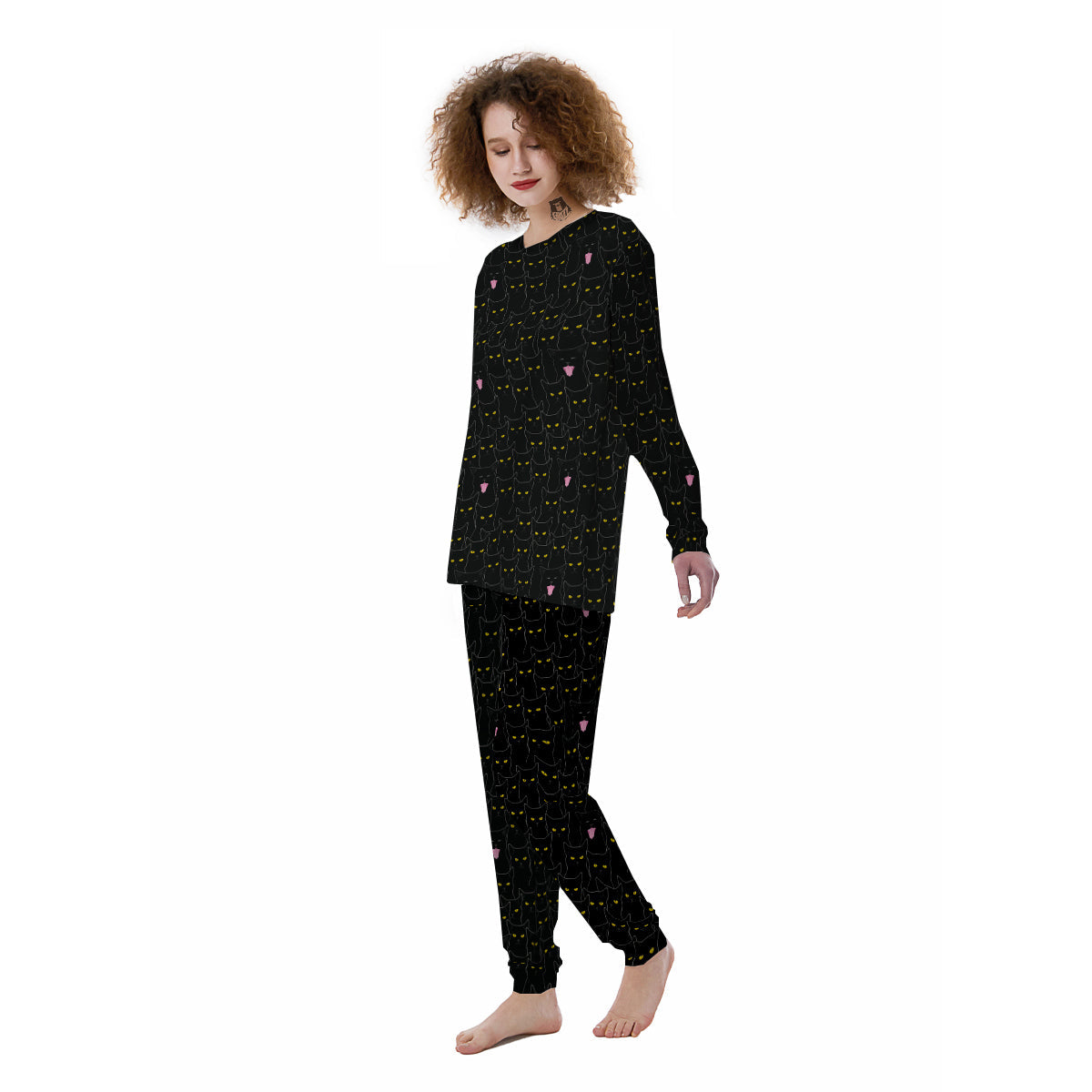 Black Cats Eyes Yellow Print Pattern Women's Pajamas-grizzshop