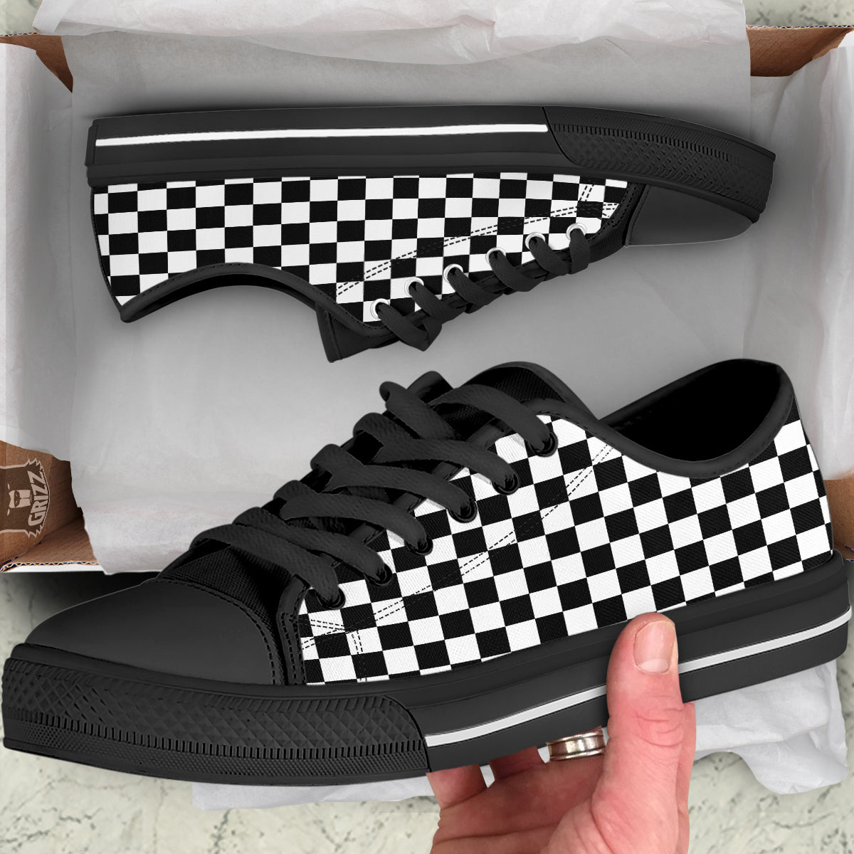Black Checkered Flag Print Black Low Top Shoes-grizzshop