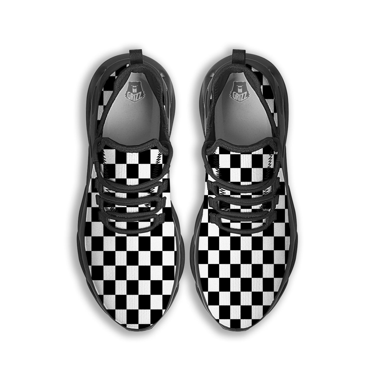 Black Checkered Flag Print Black Running Shoes-grizzshop