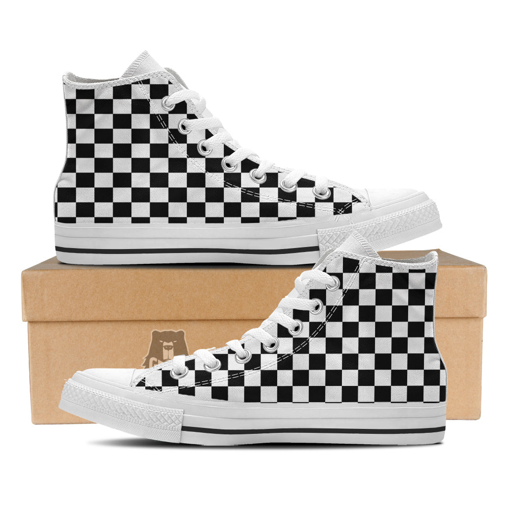 Black Checkered Flag Print White High Top Shoes-grizzshop