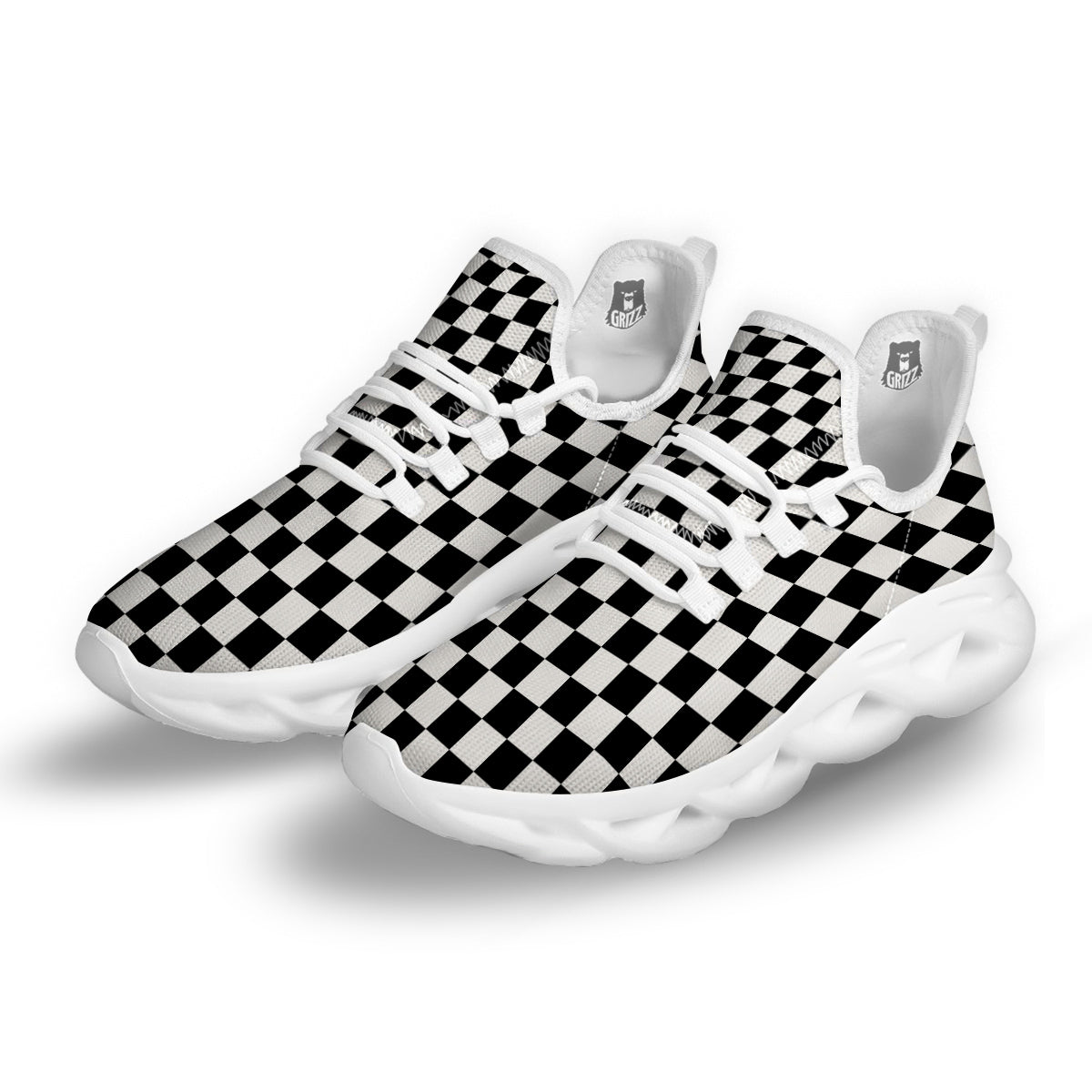 Black Checkered Flag Print White Running Shoes-grizzshop
