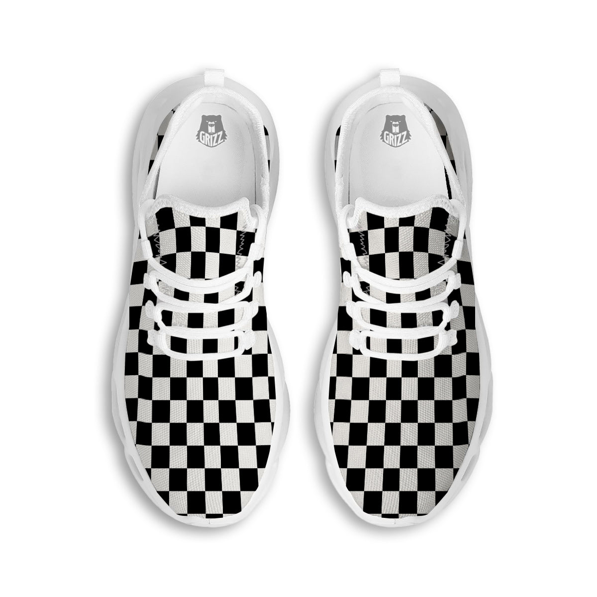 Black Checkered Flag Print White Running Shoes-grizzshop