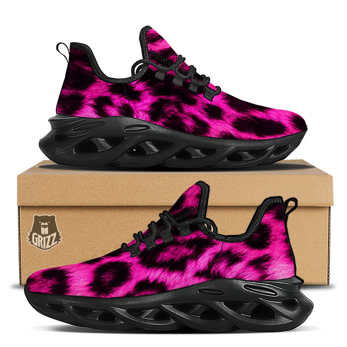 Black Cheetah And Hot Pink Print Black Running Shoes-grizzshop