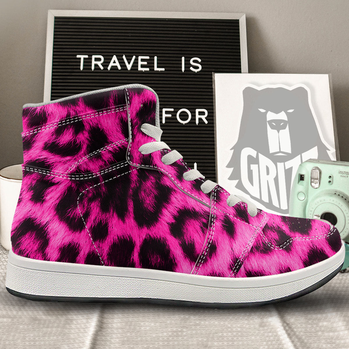 Black Cheetah And Hot Pink Print High Top Sneakers-grizzshop