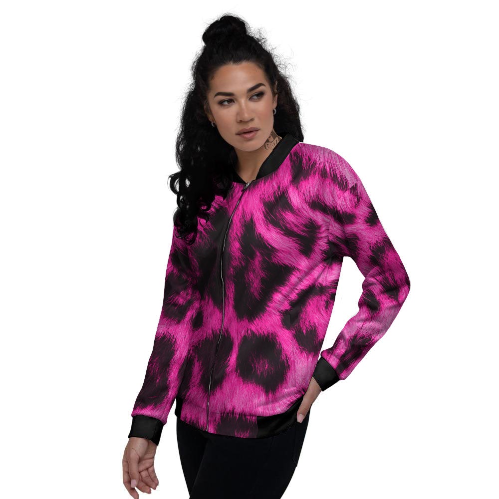 Black Cheetah And Hot Pink Print Women's Bomber Jacket-grizzshop